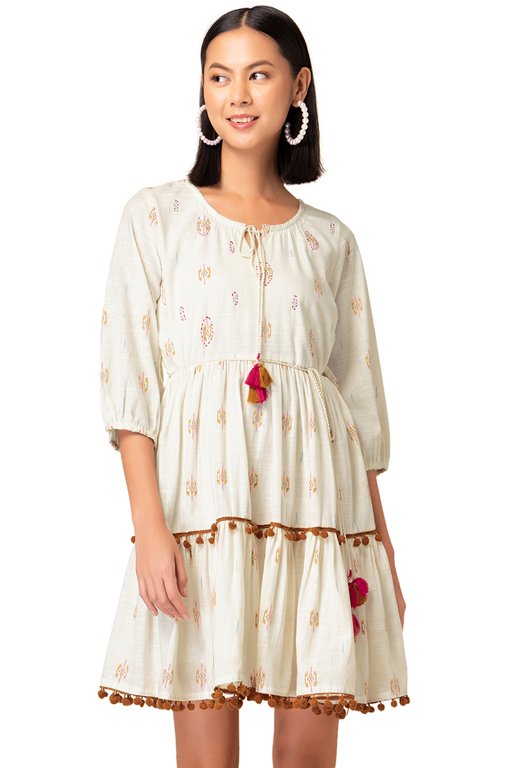 Indya Off White Ikat Print Cotton Dress