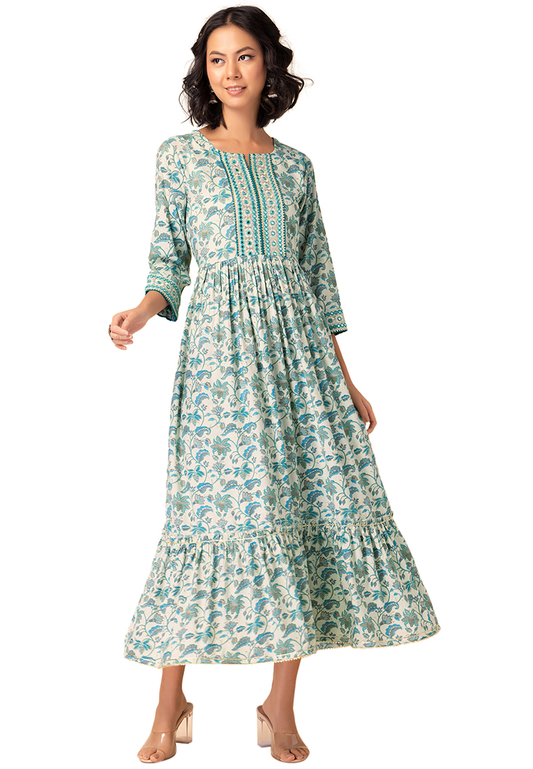 Indya Off White And Green Floral Jaal Print Cotton Dress