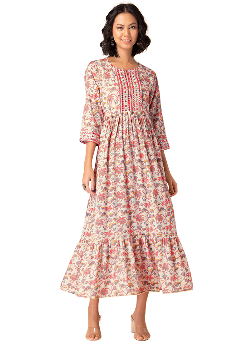 Indya Off White And Red Floral Jaal Print Cotton Dress