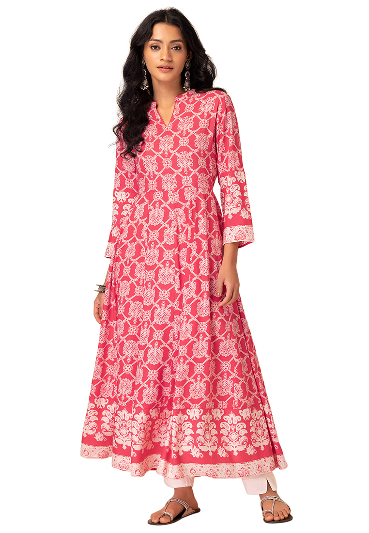 Indya Hot Pink Mughal Jaal Print Rayon Anarkali Kurta