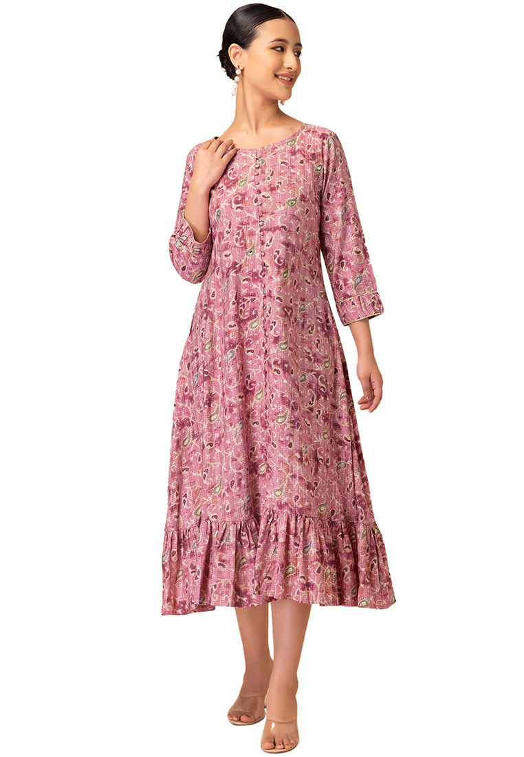 Indya Pink Paisley Jaal Print Muslin Tiered Dress