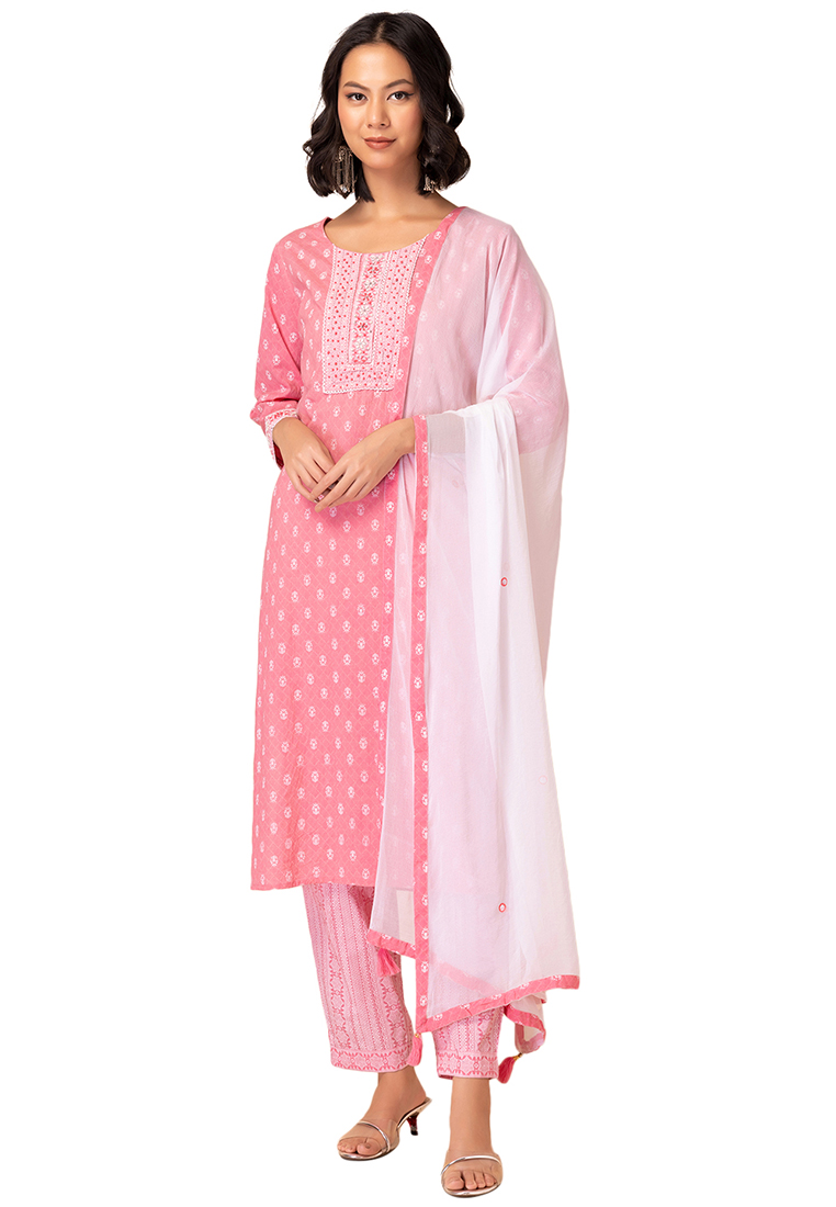 Indya Pink Floral Grid Print Cotton Kurta With Printed Pants And Dupatta (Set of 3)