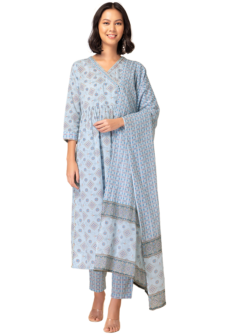 Indya Light Blue Floral Print Cotton Angrakha Kurta With Pants And Dupatta (Set of 3)