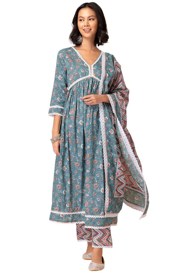 Indya Blue Floral Jaal Print Cotton Kurta With Printed Pants And Dupatta (Set of 3)