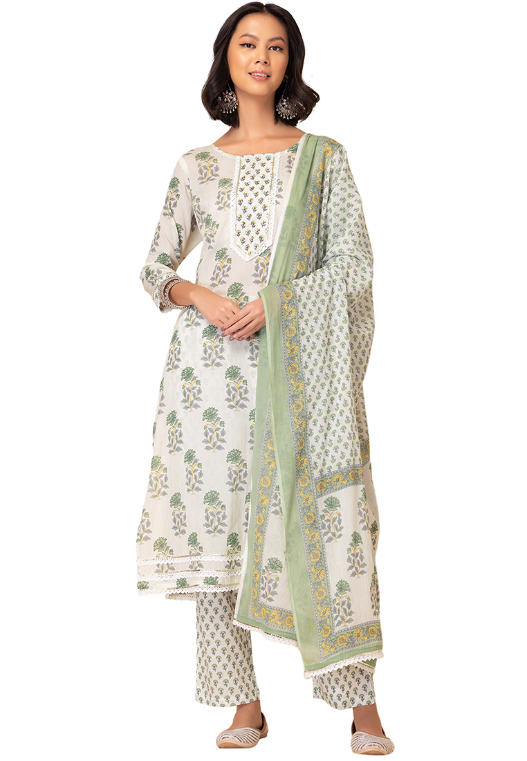 Indya Off White And Green Floral Print Cotton Kurta With Printed Pants And Dupatta (Set of 3)