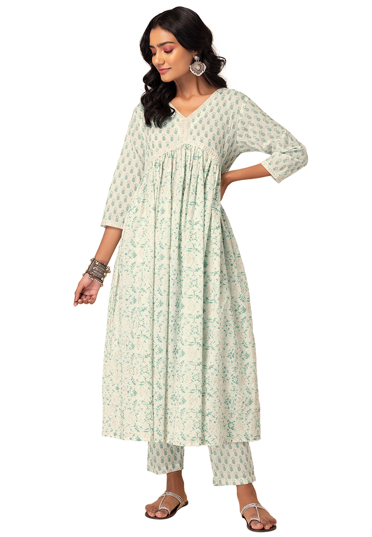 Indya Off White And Green Floral Jaal Print Cotton Anarkali Kurta And Pants (Set of 2)