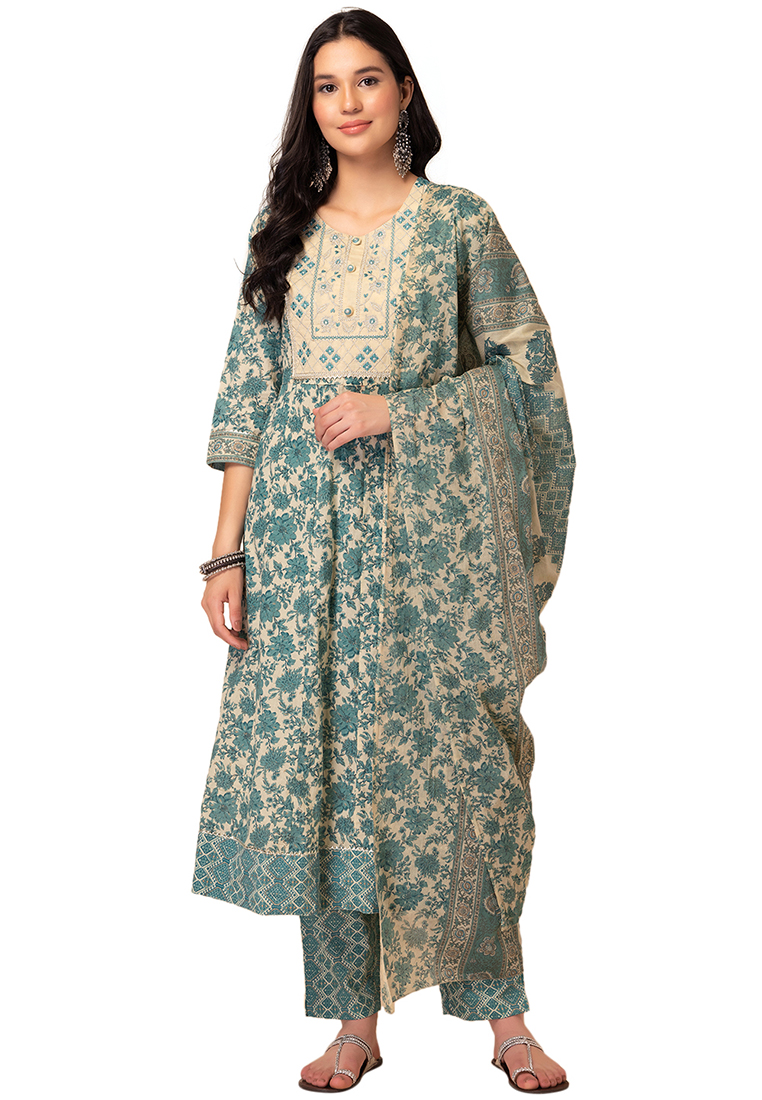 Indya Off White And Green Floral Print Cotton Anarkali Kurta With Pants And Printed Dupatta (Set of 3)