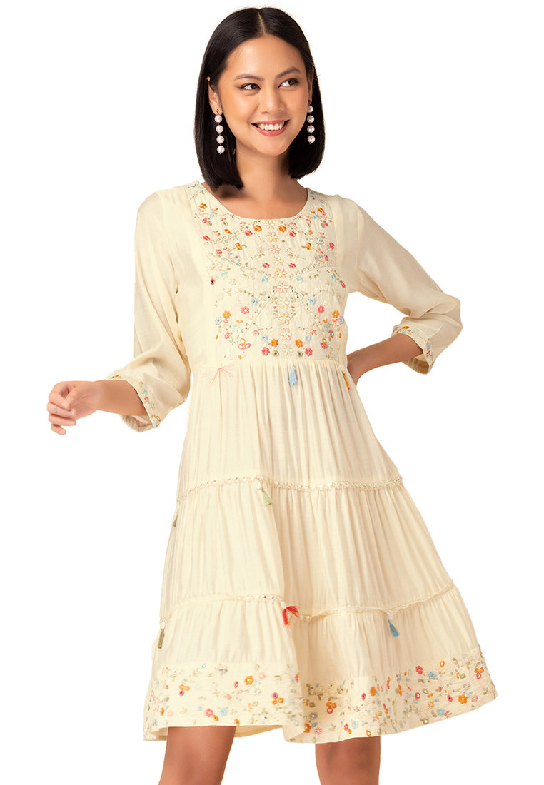 Indya Ivory Thread Embroidered Tiered Muslin Dress