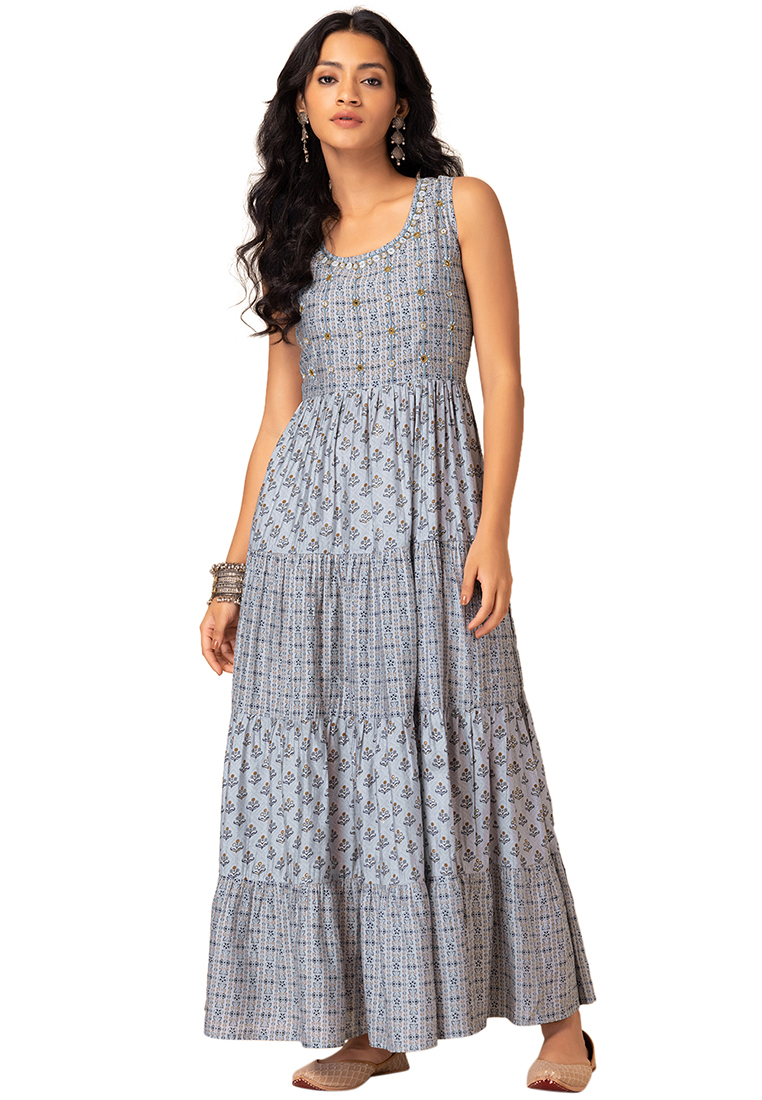 Indya Grey Geometric Print Tiered Muslin Dress
