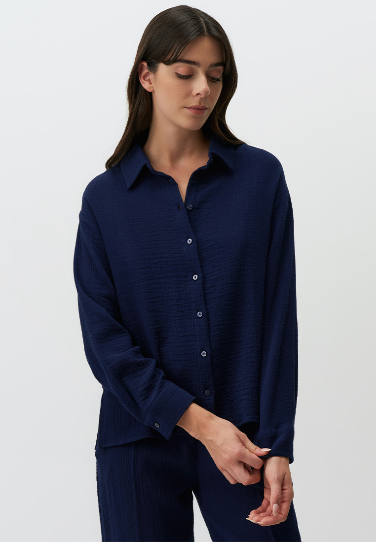 Jimmy Key Navy Blue Long Sleeve Basic Woven Shirt
