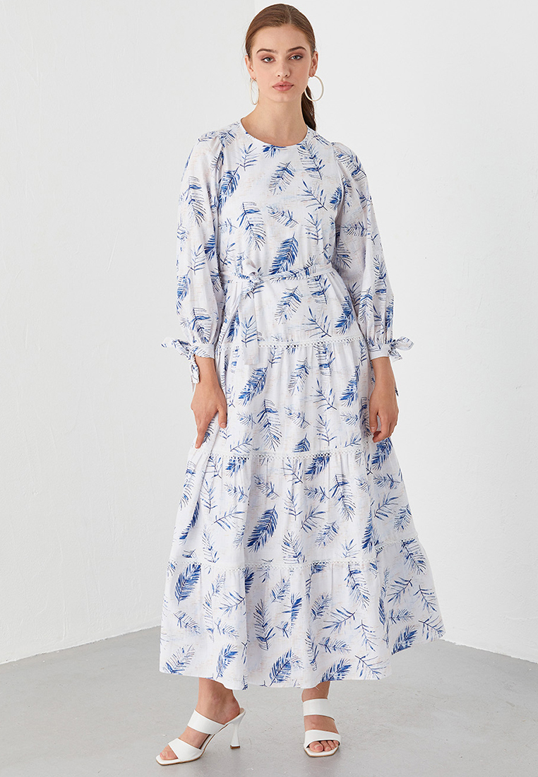 KAYRA 條紋扇形花卉圖案連衣裙本色鈷藍色