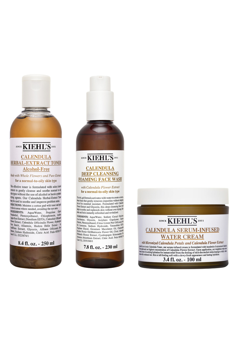 3件套裝 契爾氏 Kiehl's 金盞花植物精華化妝水 8.4oz, 250ml + 契爾氏 Kiehl's 金盞花深層潔面泡沫 (適合中性至油性膚質) 7.8oz, 230ml+ 契爾氏 Kiehl's 金盞花植物精華 亮採水凝霜 100ml, 3.4fl.oz