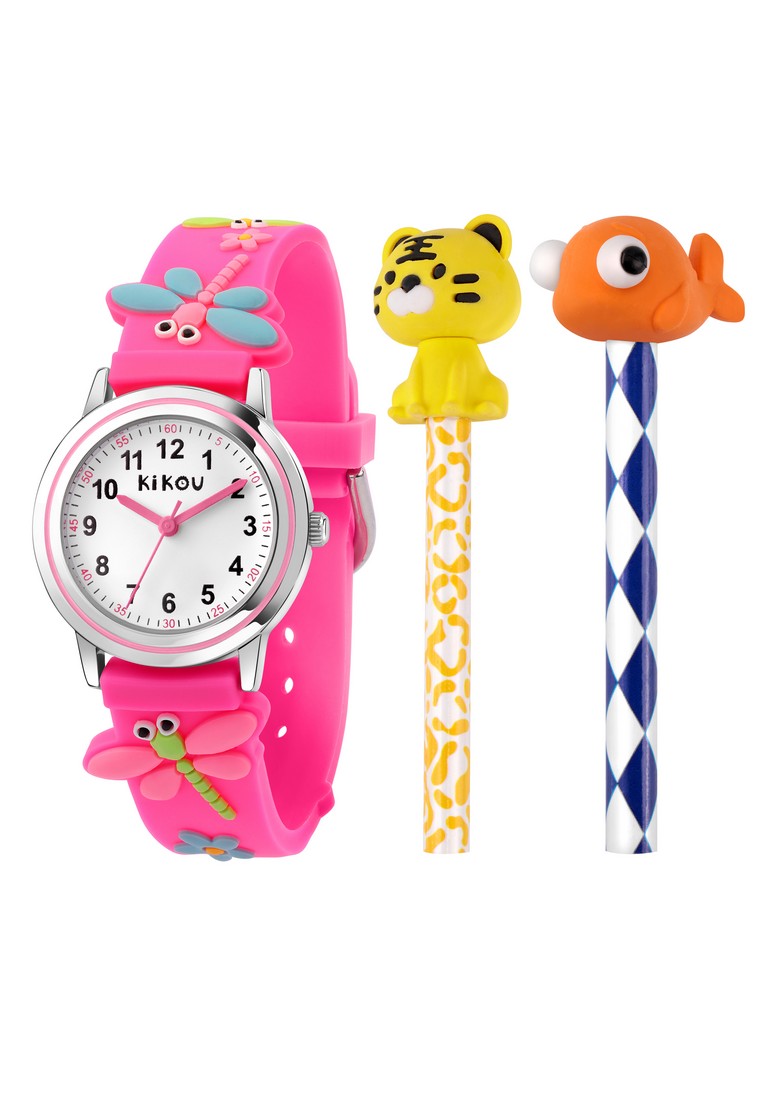 KIKOU 【Christmas Gift】 Kikou Hobby 系列 28mm 花和蜻蜓 兒童手錶+可愛鉛筆 套裝 R4551101503