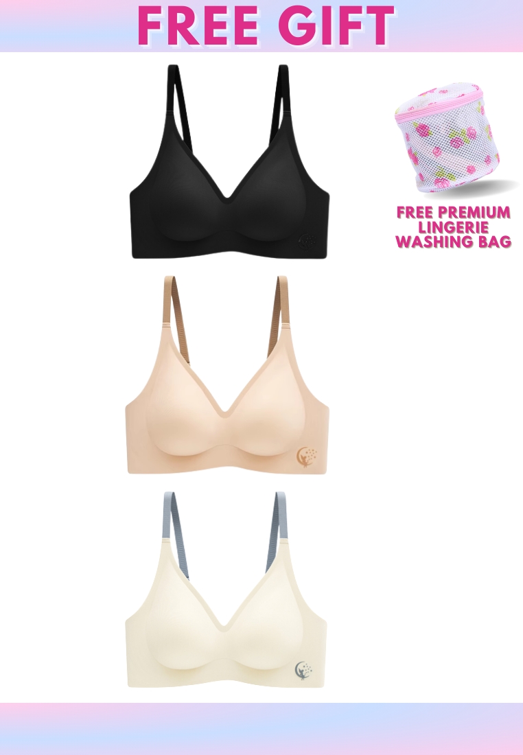 Kiss & Tell 3 Pack Premium Olivia Seamless Wireless Paded Push Up Bra in White, Nude and Black