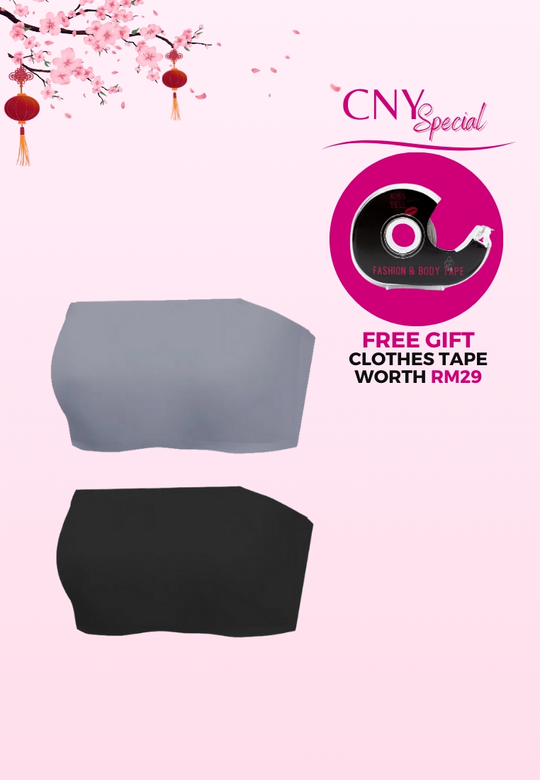 Kiss & Tell 2 Pack Premium Asher Strapless Non-Slip Ice Silk Bralette Top in Grey and Black