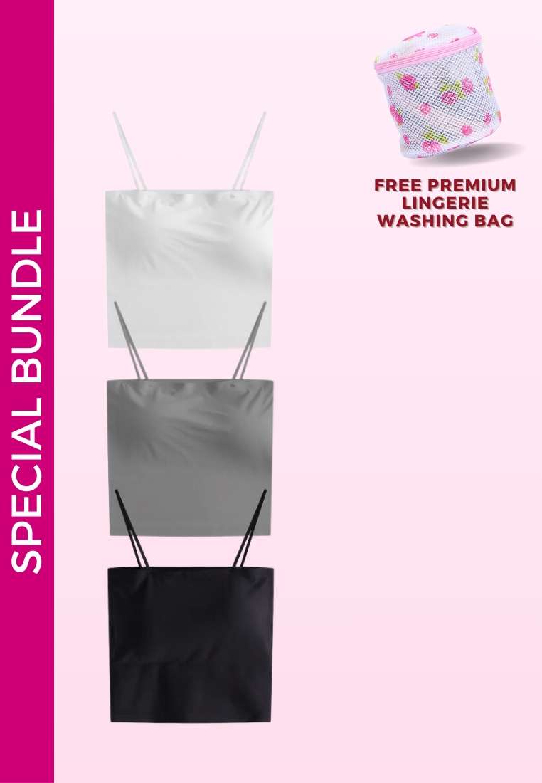 Kiss & Tell 3 Pack Premium Arina Ice Silk Bralette Inner Top Tube in White, Grey and Black