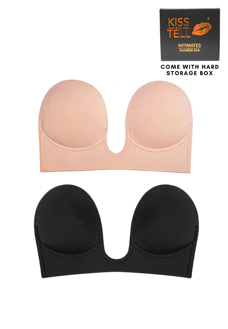 Kiss & Tell 2 Pack Plunging Push Up Nubra in Nude and Black Seamless Invisible Reusable Adhesive Stick on Wedding Bra 隱形聚攏胸