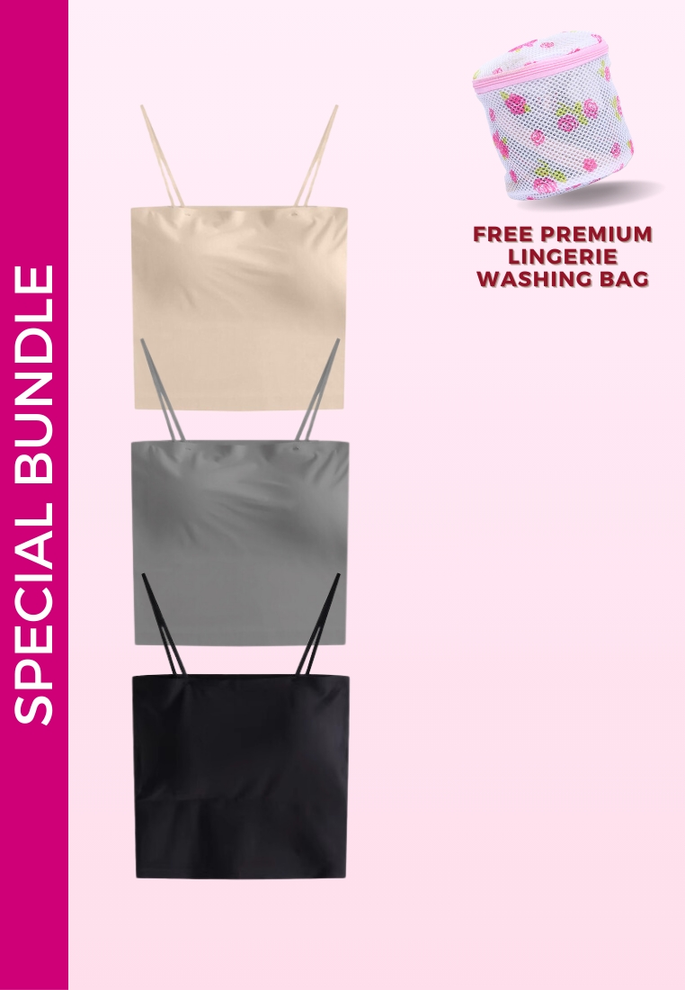 Kiss & Tell 3 Pack Premium Arina Ice Silk Bralette Inner Top Tube in Nude, Grey and Black