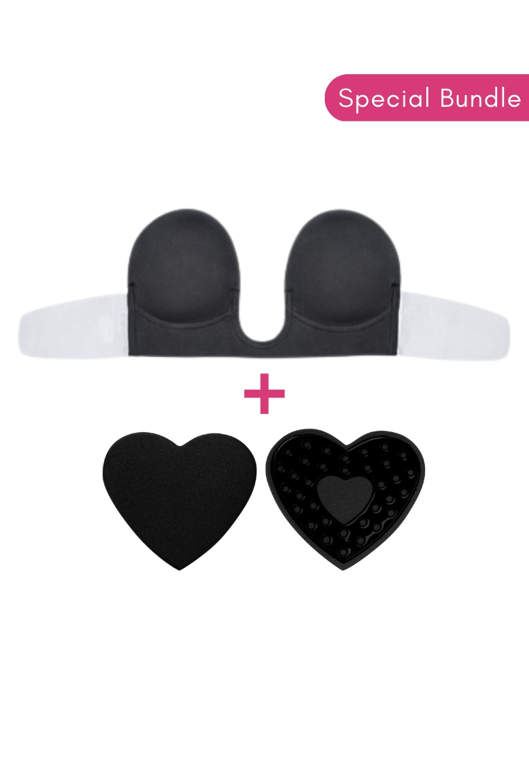 Kiss & Tell Special Bundle Plunging Push Up and Nipple Cover Pads Heart Stick On Nubra in Black