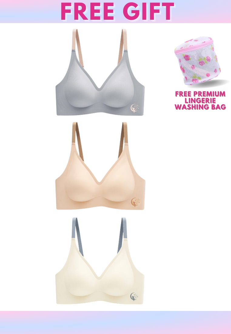 Kiss & Tell 3 Pack Premium Olivia Seamless Wireless Paded Push Up Bra in Blue, Nude and Pink