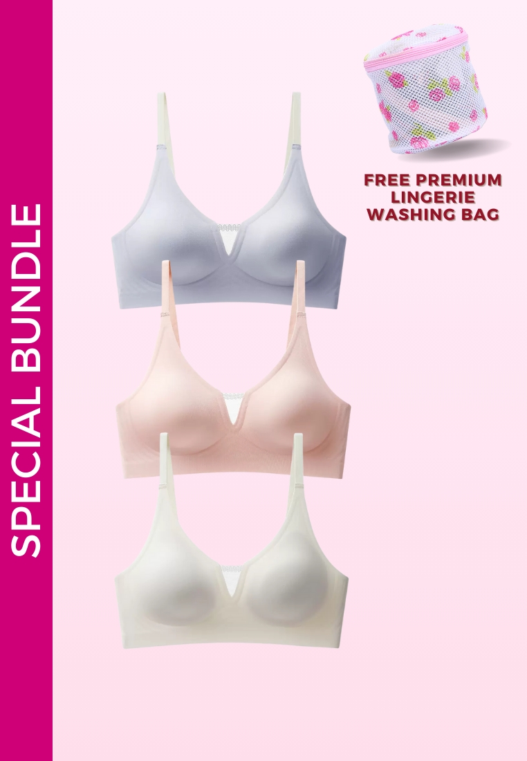 Kiss & Tell 3 Pack Premium Angela Seamless Wireless Paded Push Up Bra in Pink, White and Blue