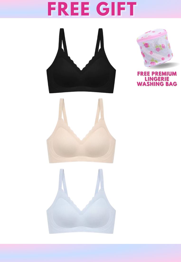 Kiss & Tell 3 Pack Delia Seamless Wireless Comfortable Push Up Support Bra in Blue, Nude and Black