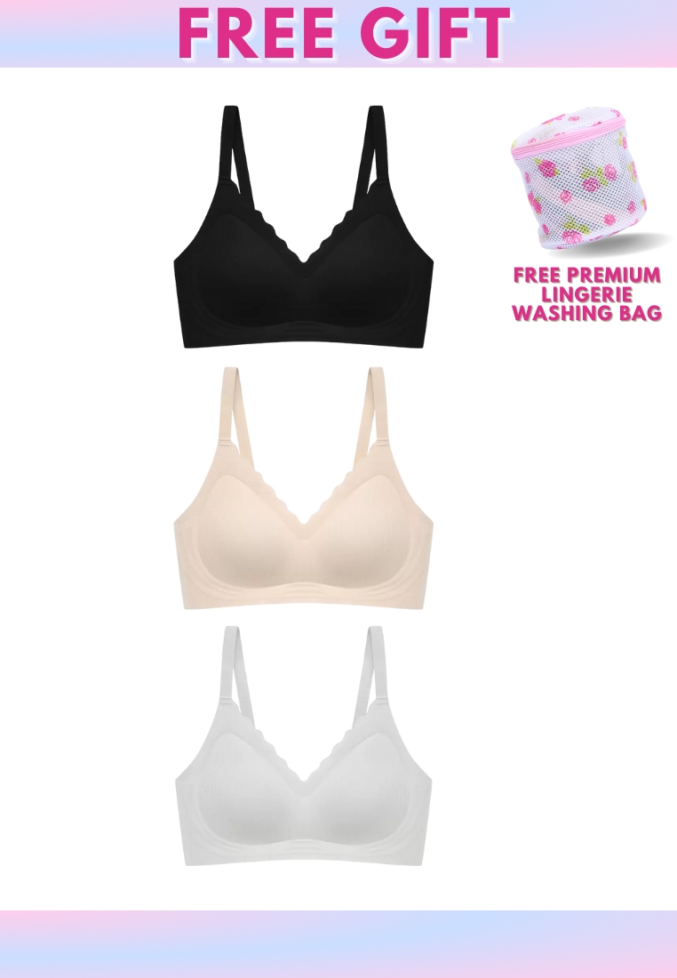 Kiss & Tell 3 Pack Delia Seamless Wireless Comfortable Push Up Support Bra in Grey, Nude and Black