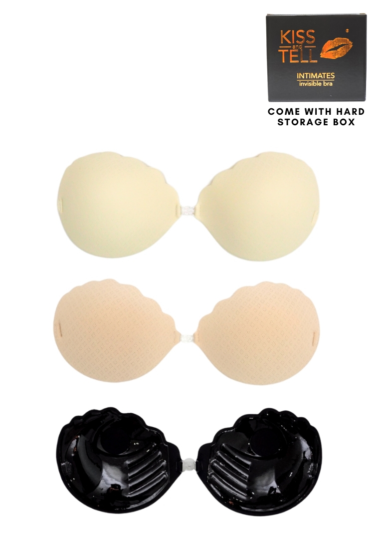 Kiss & Tell 3 Pack Scallop Thick Push Up Stick On Nubra in Nude White and Black Seamless Invisible Reusable Adhesive Stick on Wedding Bra 隱形聚攏胸