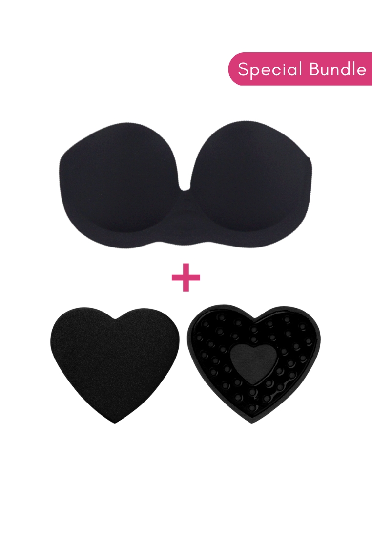 Kiss & Tell Special Bundle Hilary Inflatable Push Up and Nipple Cover Pads Heart Stick On Nubra in Black