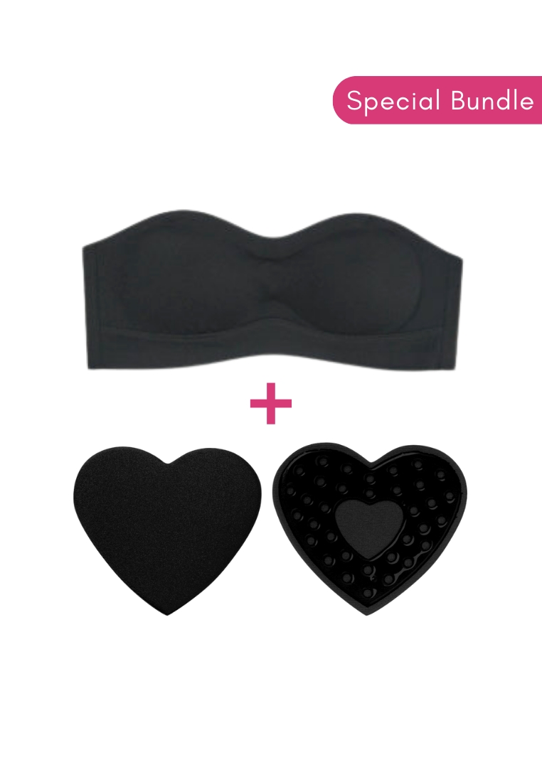 Kiss & Tell Special Bundle Nelly Seamless Wireless Push Up Bra and Nipple Cover Pads Heart Stick On Nubra in Black