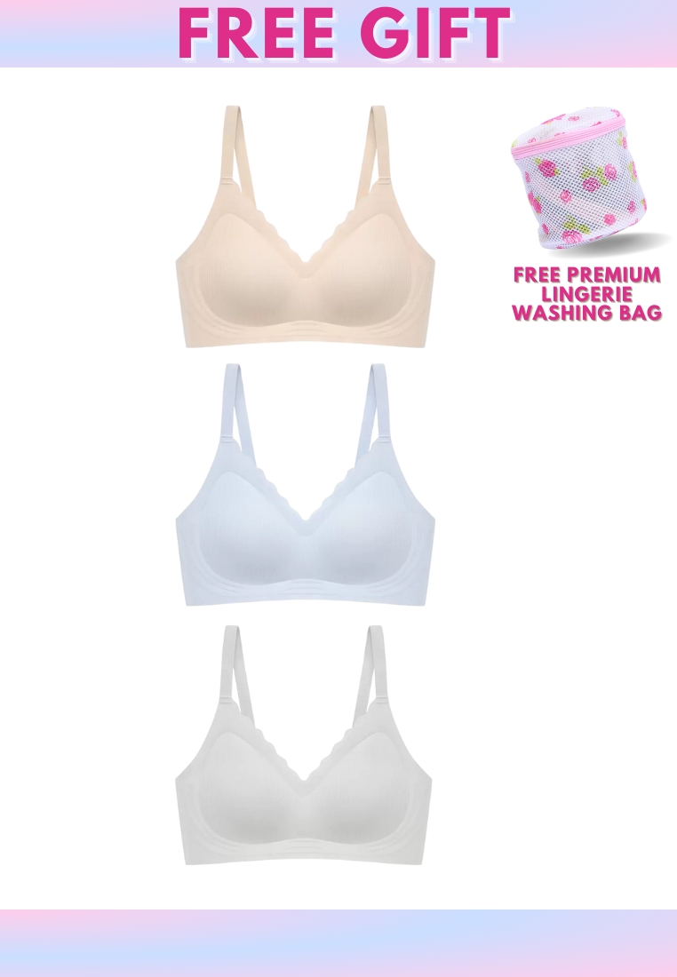 Kiss & Tell 3 Pack Delia Seamless Wireless Comfortable Push Up Support Bra in Grey, Blue and Nude