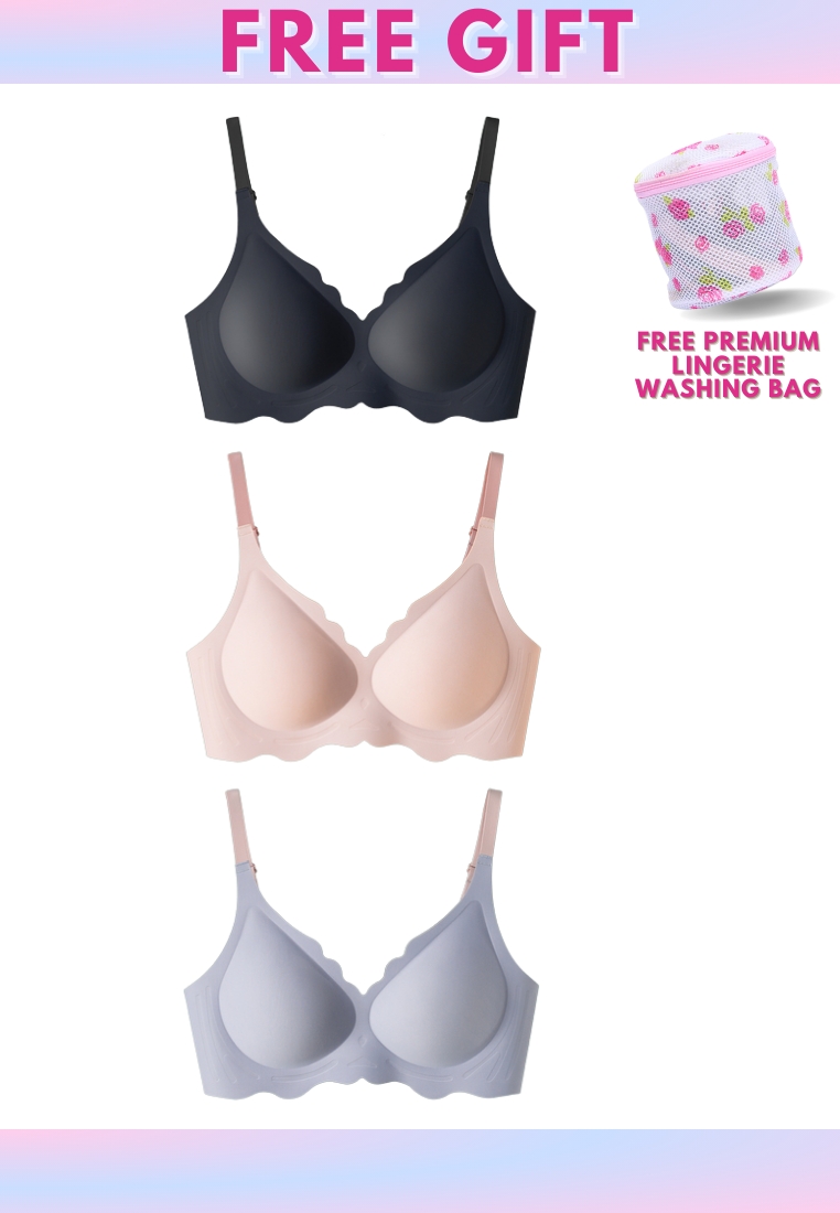 Kiss & Tell 3 Pack Daisy Seamless Wireless Paded Push Up Bra in Blue, Pink and Black