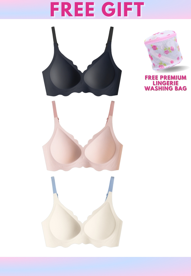 Kiss & Tell 3 Pack Daisy Seamless Wireless Paded Push Up Bra in White, Pink and Black