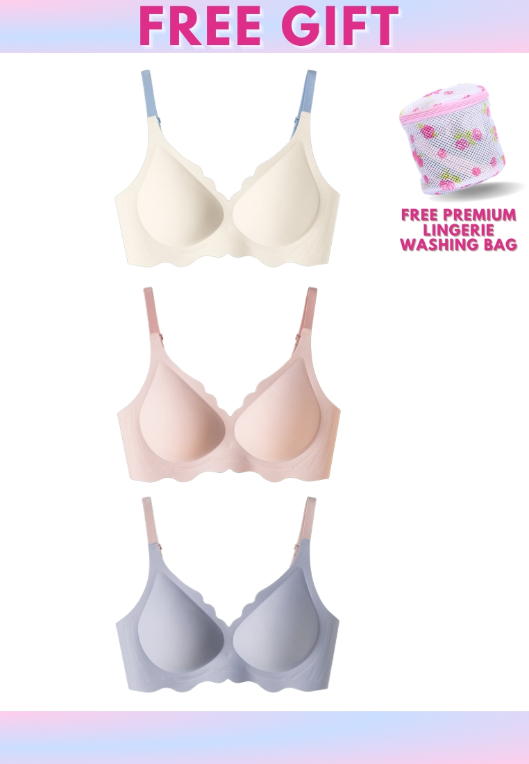 Kiss & Tell 3 Pack Daisy Seamless Wireless Paded Push Up Bra in Blue, Pink and White