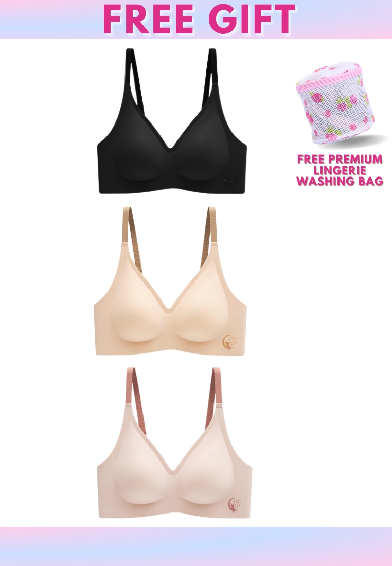 Kiss & Tell 3 Pack Premium Olivia Seamless Wireless Paded Push Up Bra in Pink, Nude and Black