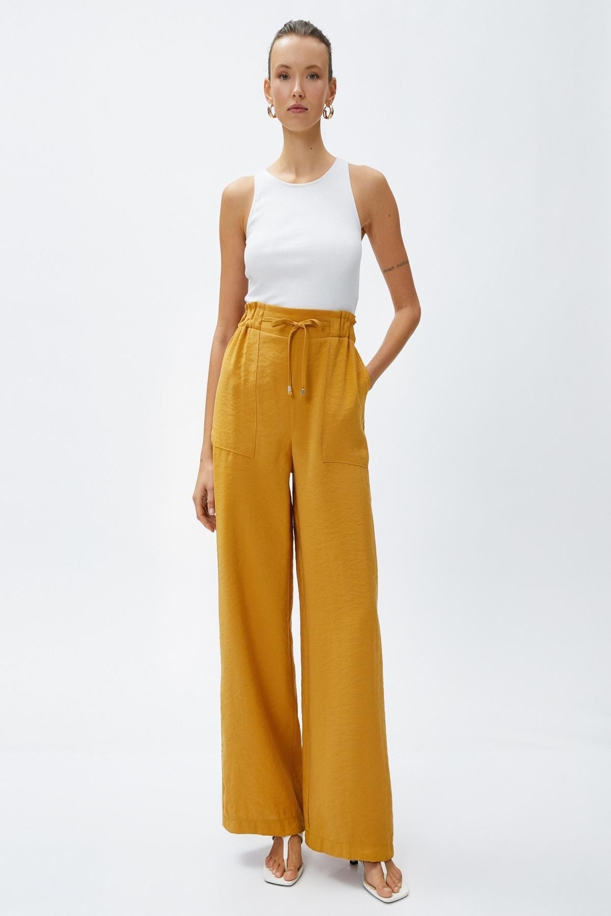 KOTON Silky-textured Trousers with Tie Waist Wide Legs