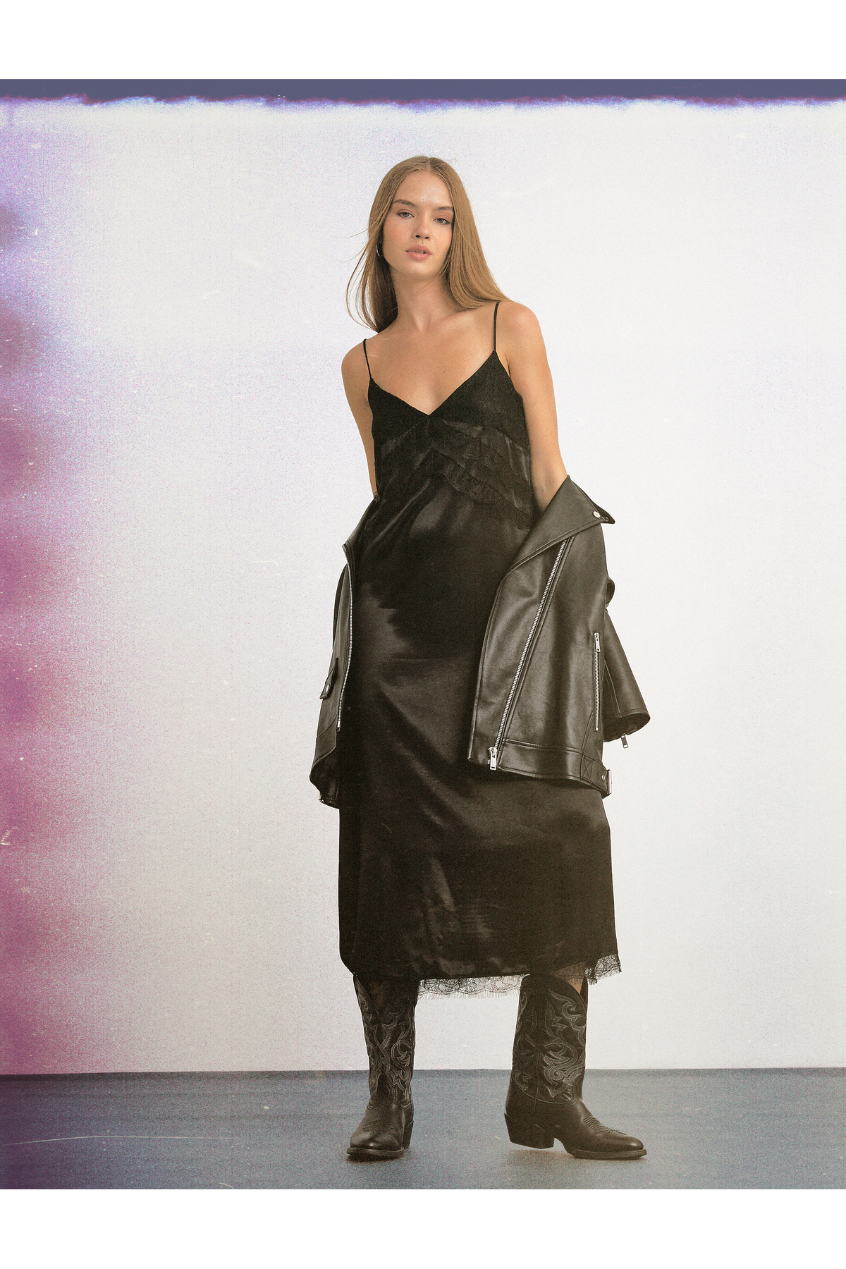 KOTON Satin Dress Thin Straps Lace Midi Length