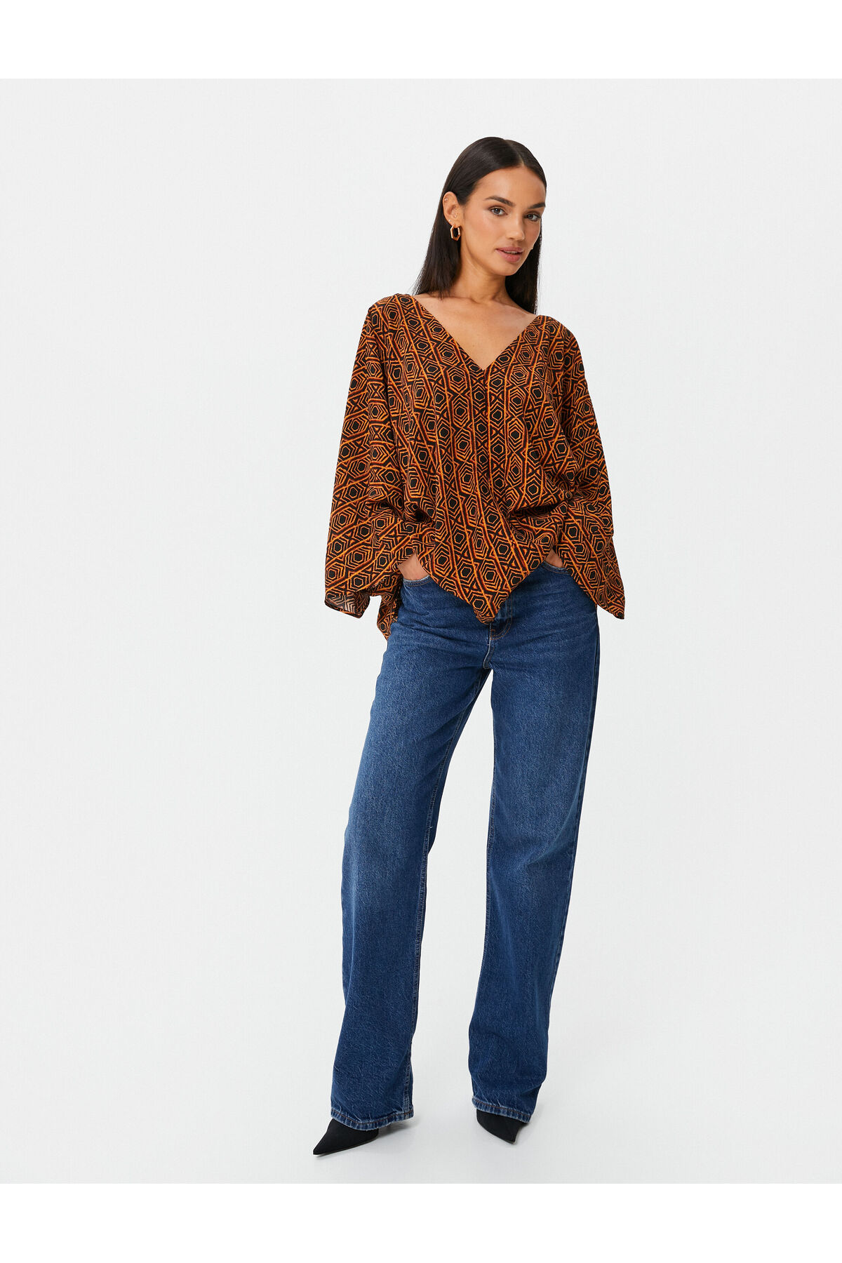 KOTON Relaxed Cut Blouse V-Neck Ethnic Patterned Wide Sleeve Viscose