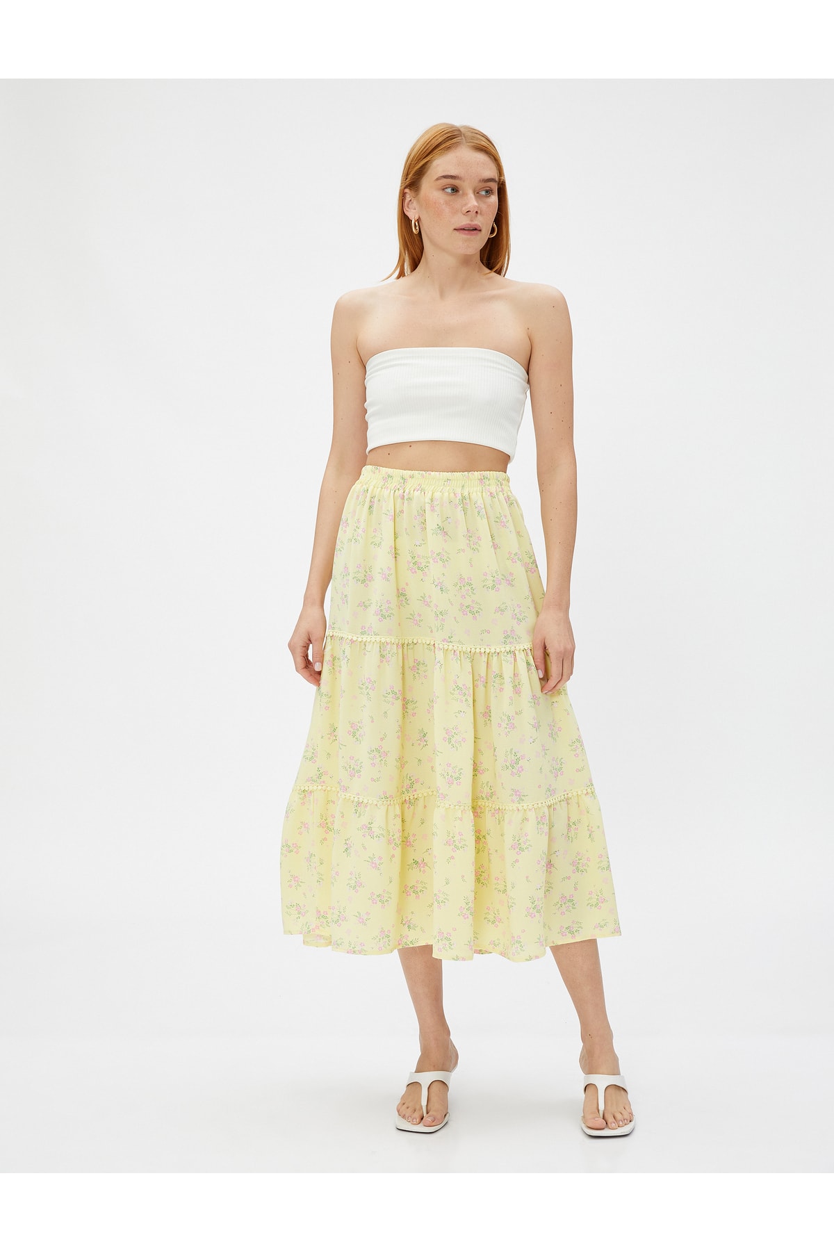 KOTON Floral Midi Length Skirt with Elastic Waist