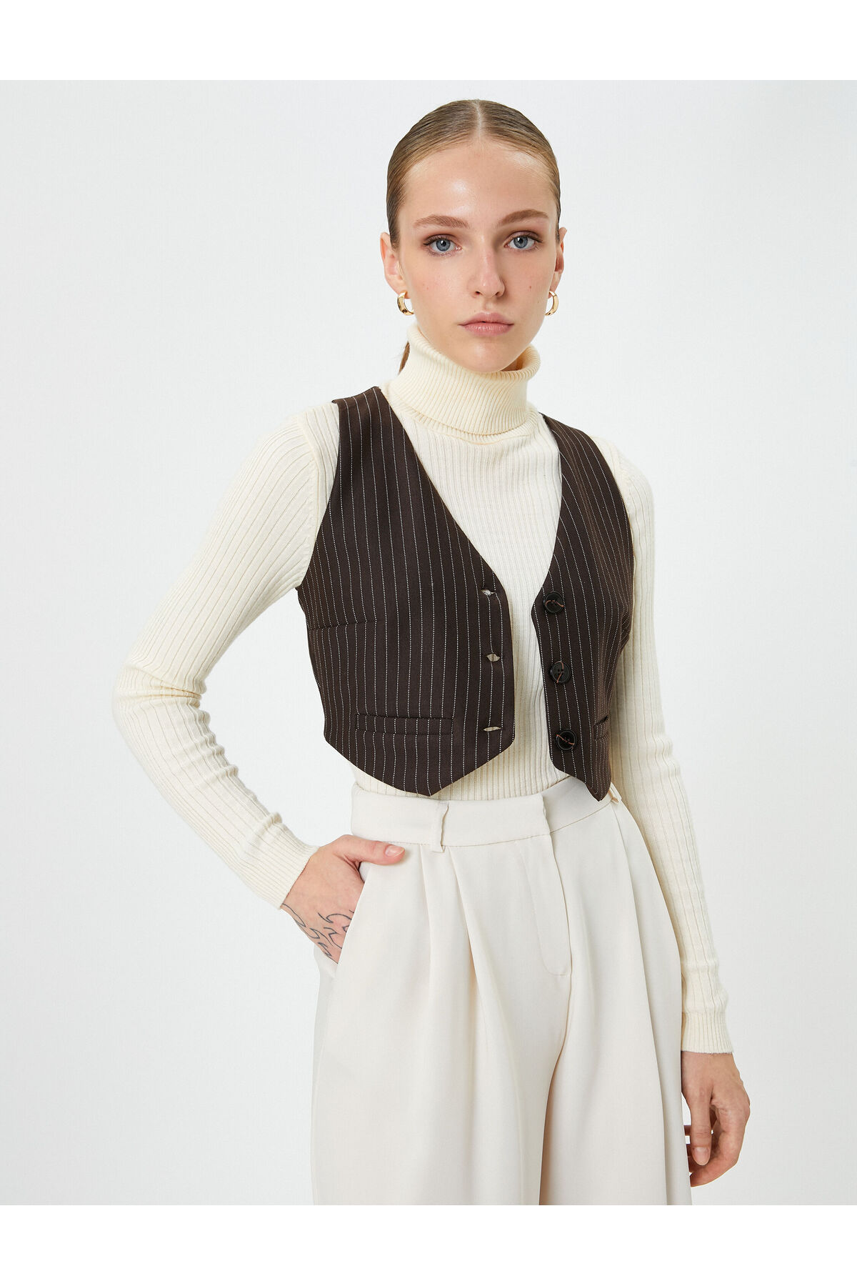 KOTON Crop Vest with Buttons and Mini Pocket