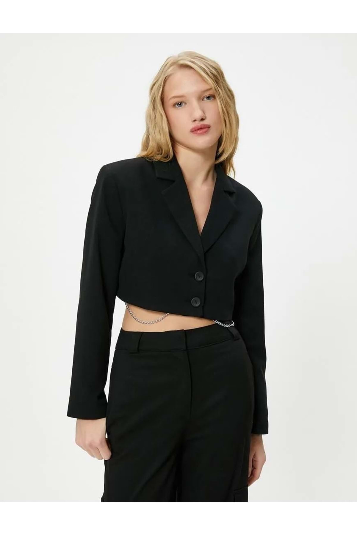 KOTON Crop Jacket Reverse Double Breasted Collar Button Closure Slim Fit Chain Detailed iw Black