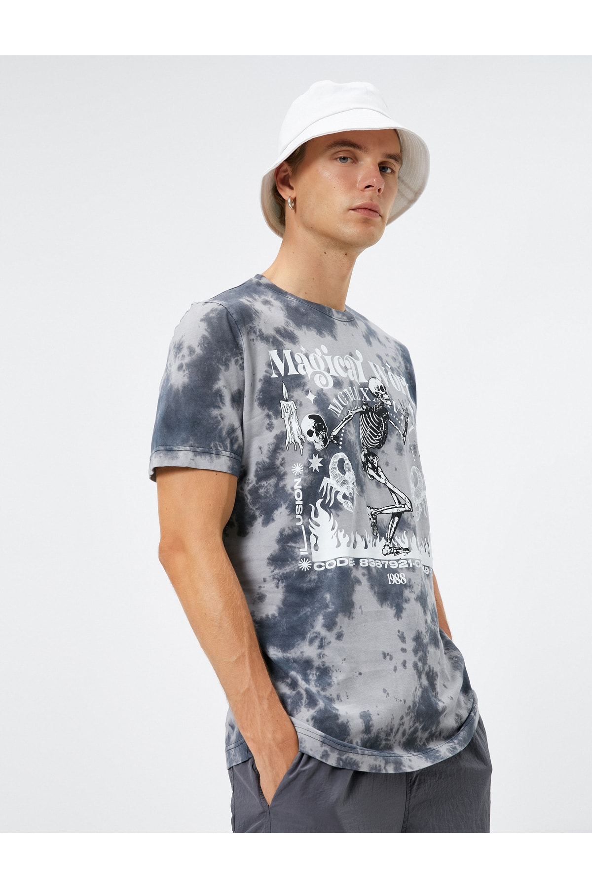 KOTON Skull Detail T-shirt Crew Neck Abstract Pattern Cotton