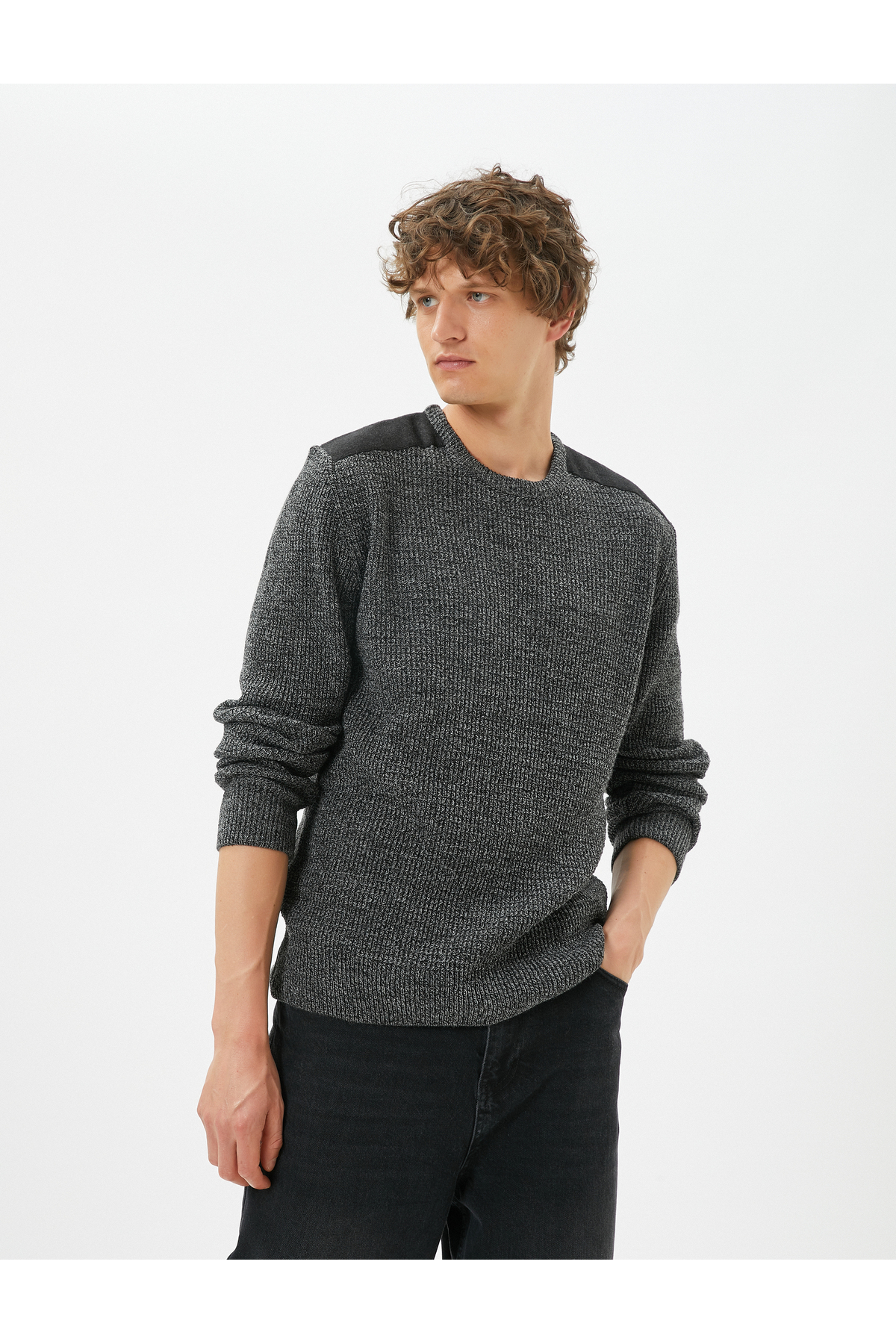 KOTON Marbled Sweater Slim Fit Textured Crew Neck Shoulder Detail