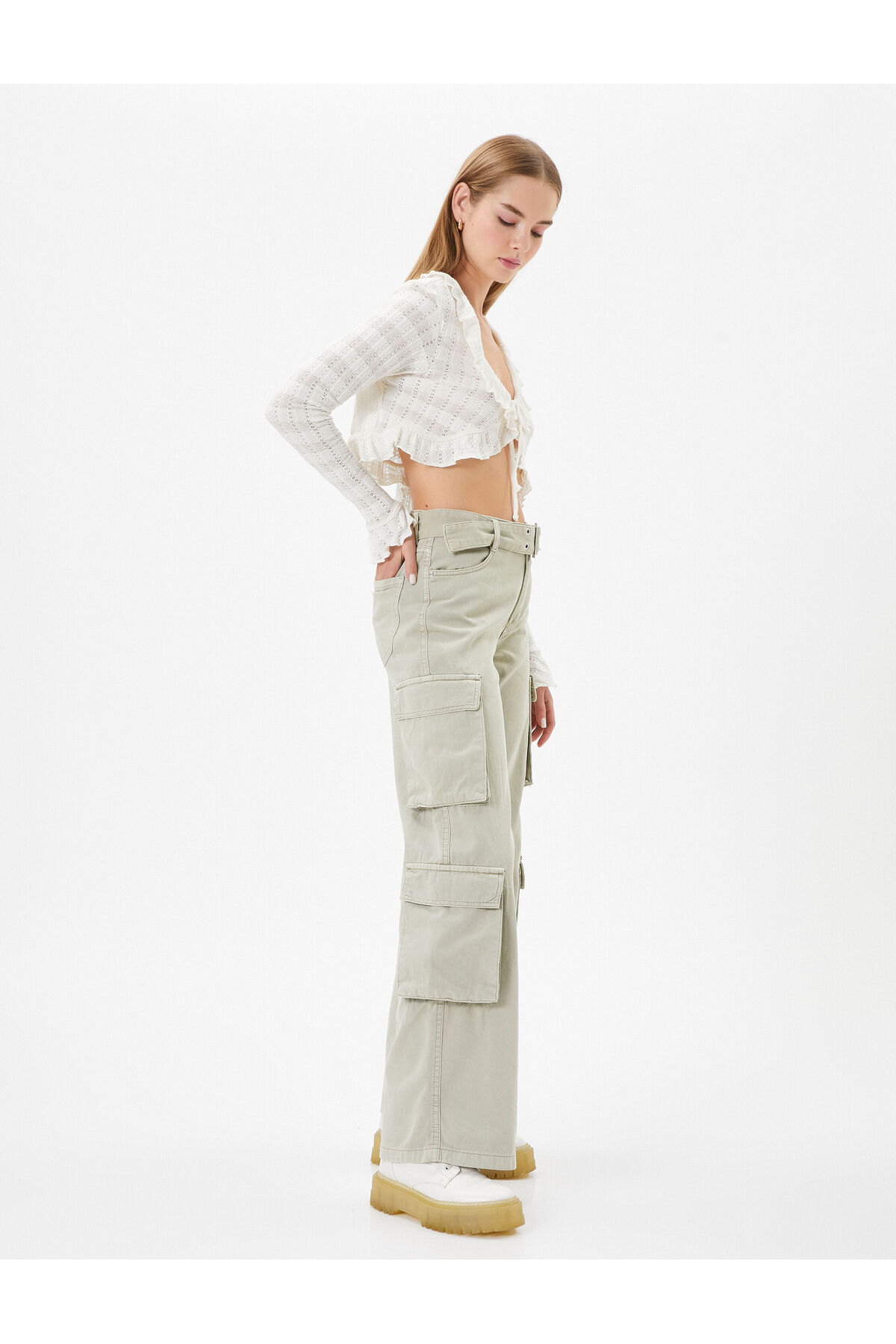 KOTON Cargo Pants Wide Leg Regular Waist Belt Detailed With Pockets Cotton - Bianca Jeans
