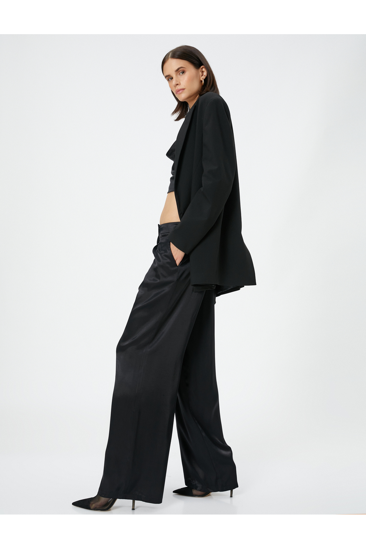 KOTON Wide Leg Trousers With Pockets, Normal Waist Shiny Pleat Detailed Viscose