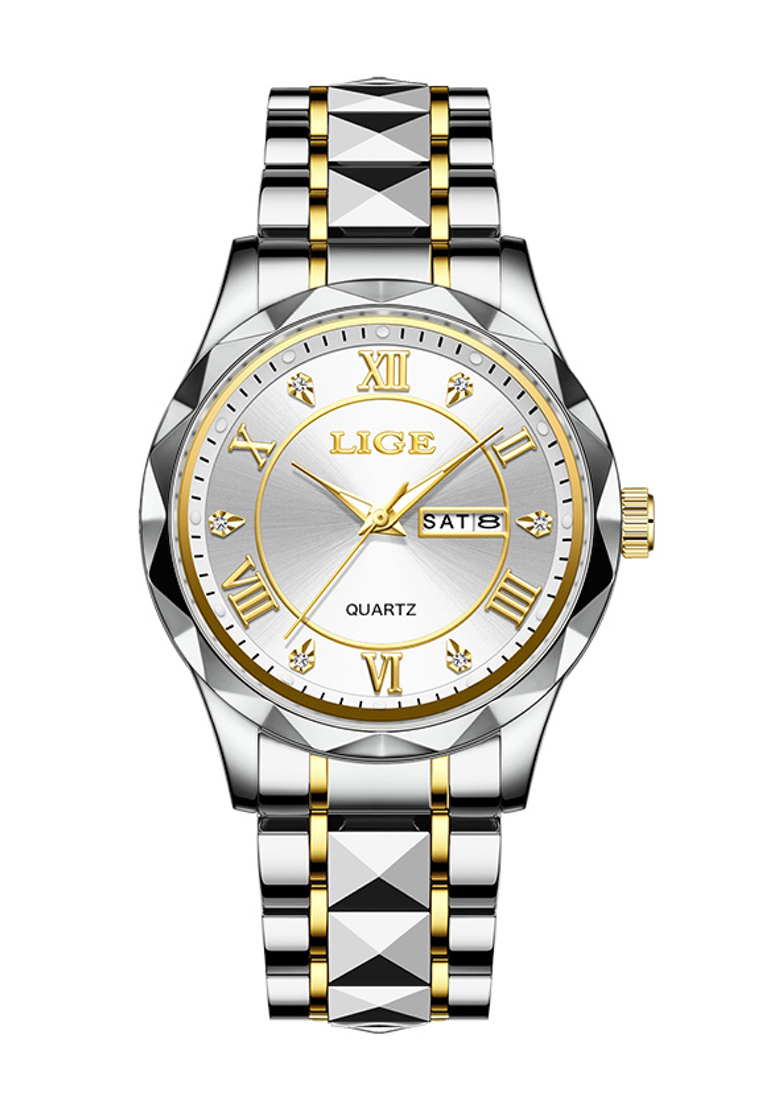 LIGE 中性 IP 黃金和不鏽鋼石英手錶，星期/日期，不鏽鋼錶鍊