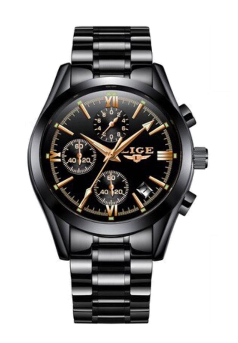 LIGE計時儀中性IP黑色不銹鋼Quartz手錶，黑色錶盤在IP黑色鋼手鐲上