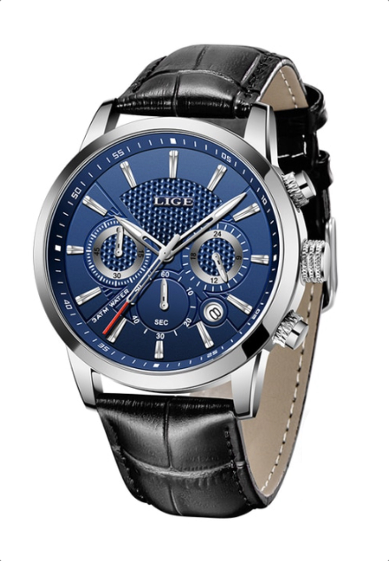 LIGE 計時碼表男女通用不銹鋼石英手錶 43 毫米，藍色錶盤，黑色皮革錶帶