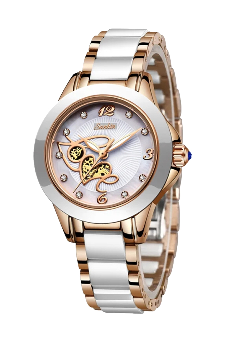 LIGE SUNKTA 白色陶瓷"LOVE"女士石英手錶，33mm，IP玫瑰金不銹鋼，白色錶盤，金屬手鐲和陶瓷