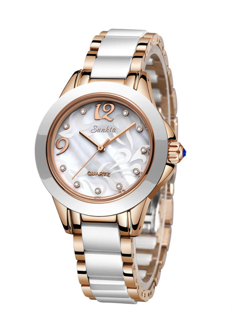 LIGE SUNKTA 白色陶瓷女士石英手錶，33mm，IP玫瑰金不銹鋼，白色珍珠母貝錶盤，金屬手鐲和陶瓷